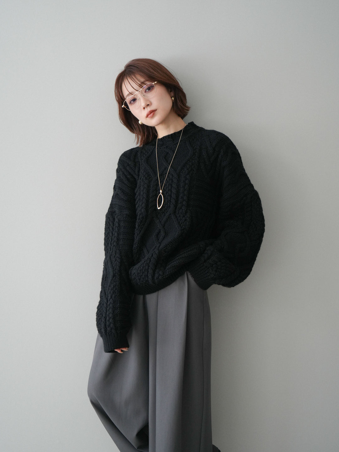 [SET]ケーブル編みモックネックニットプルオーバー+ベルトループデザインワイドパンツ(2set)