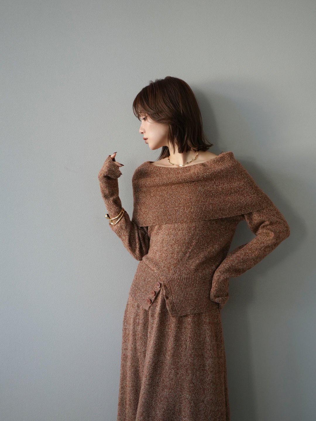 [予約]ミックスヤーンオフショルニットプルオーバー/オレンジ