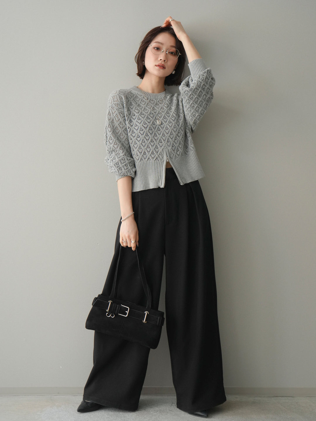 [予約]サテンベルトタックワイドパンツ/black