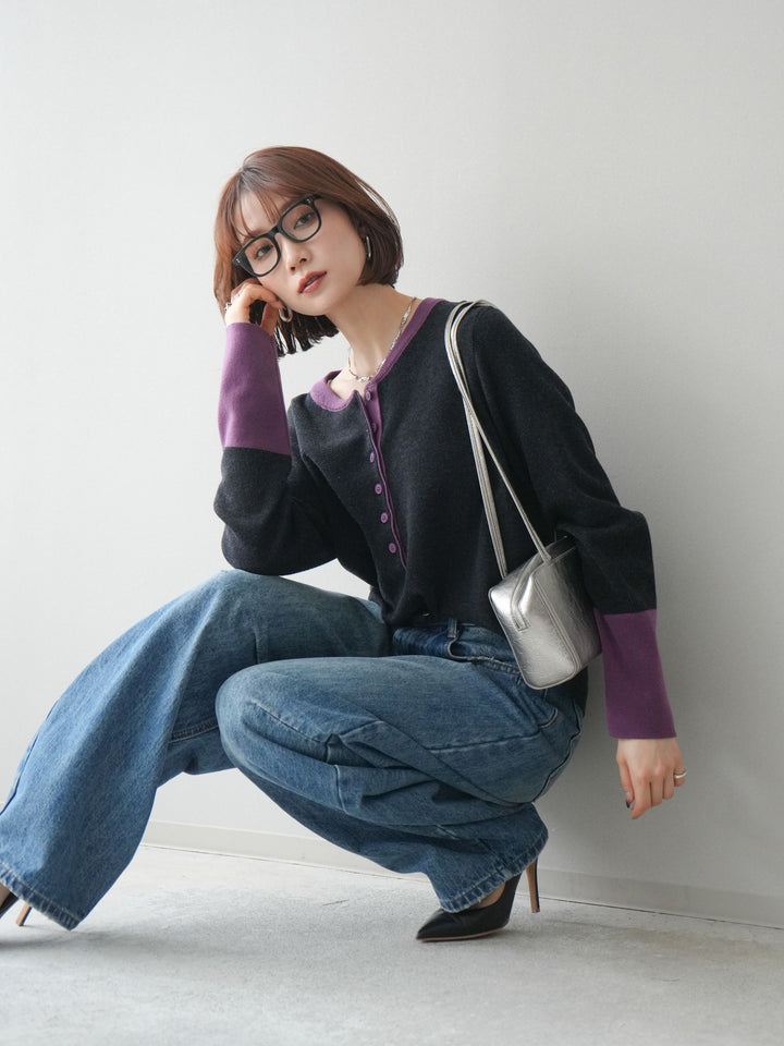 [SET]ヘンリーネック配色ニットソー+ヘンリーネック配色ニットソー(2set)