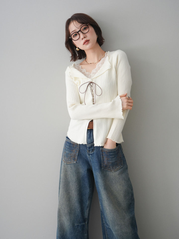 [予約]レースネックレースアップリブニットトップス/ivory