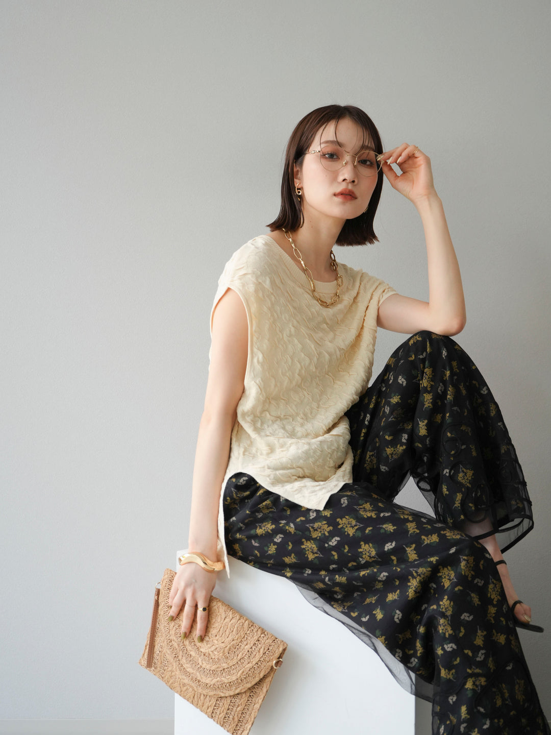 [SET]ポコポコノースリーブニットプルオーバー+コード刺繍チュールレイヤードパンツ(2set)