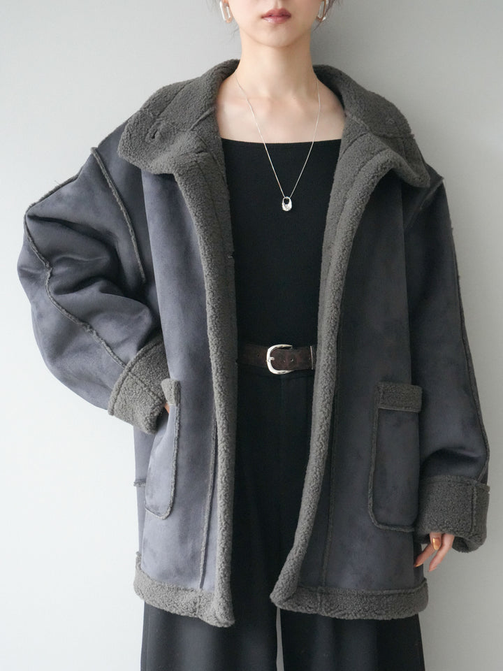 [SET]スタンドネックフェイクムートンミディアムコート+カップ付きバッククロスキャミソール(2set)