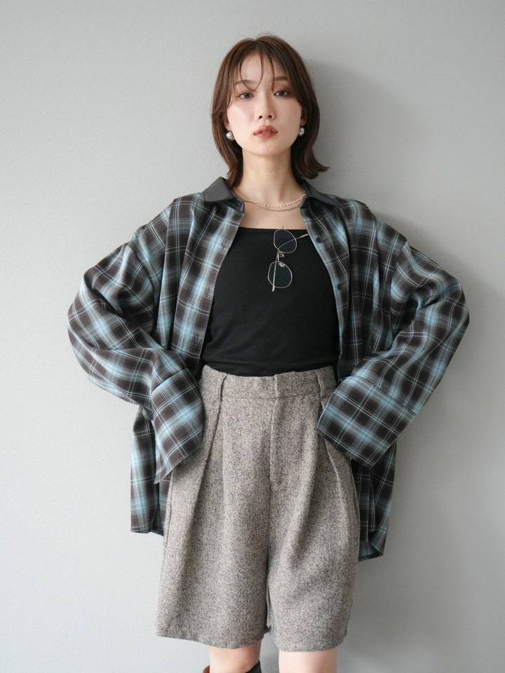 [SET]レザー襟オンブレチェックオーバーシャツ +ツイードハーフパンツ(2set)