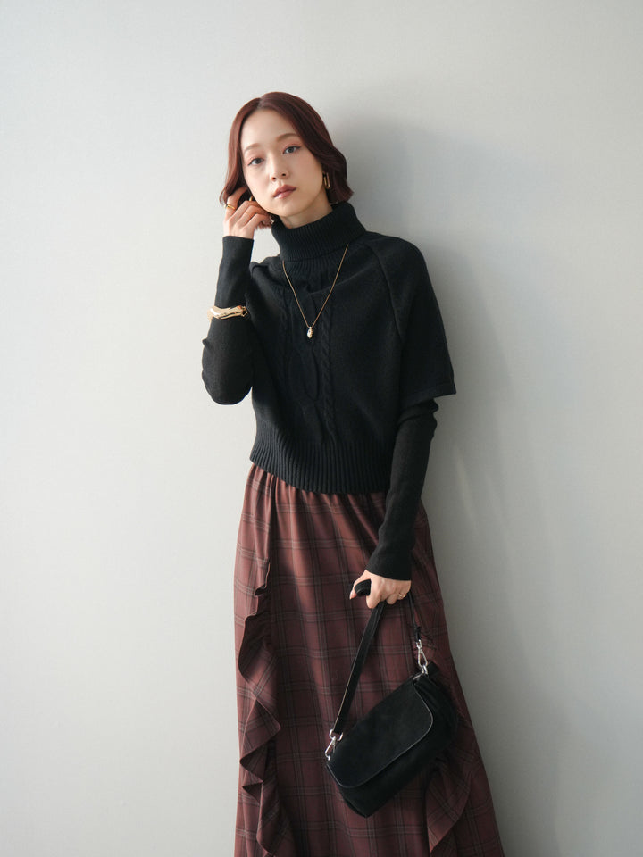 [予約]ケーブル編みタートルハーフスリーブニットアンサンブル/black