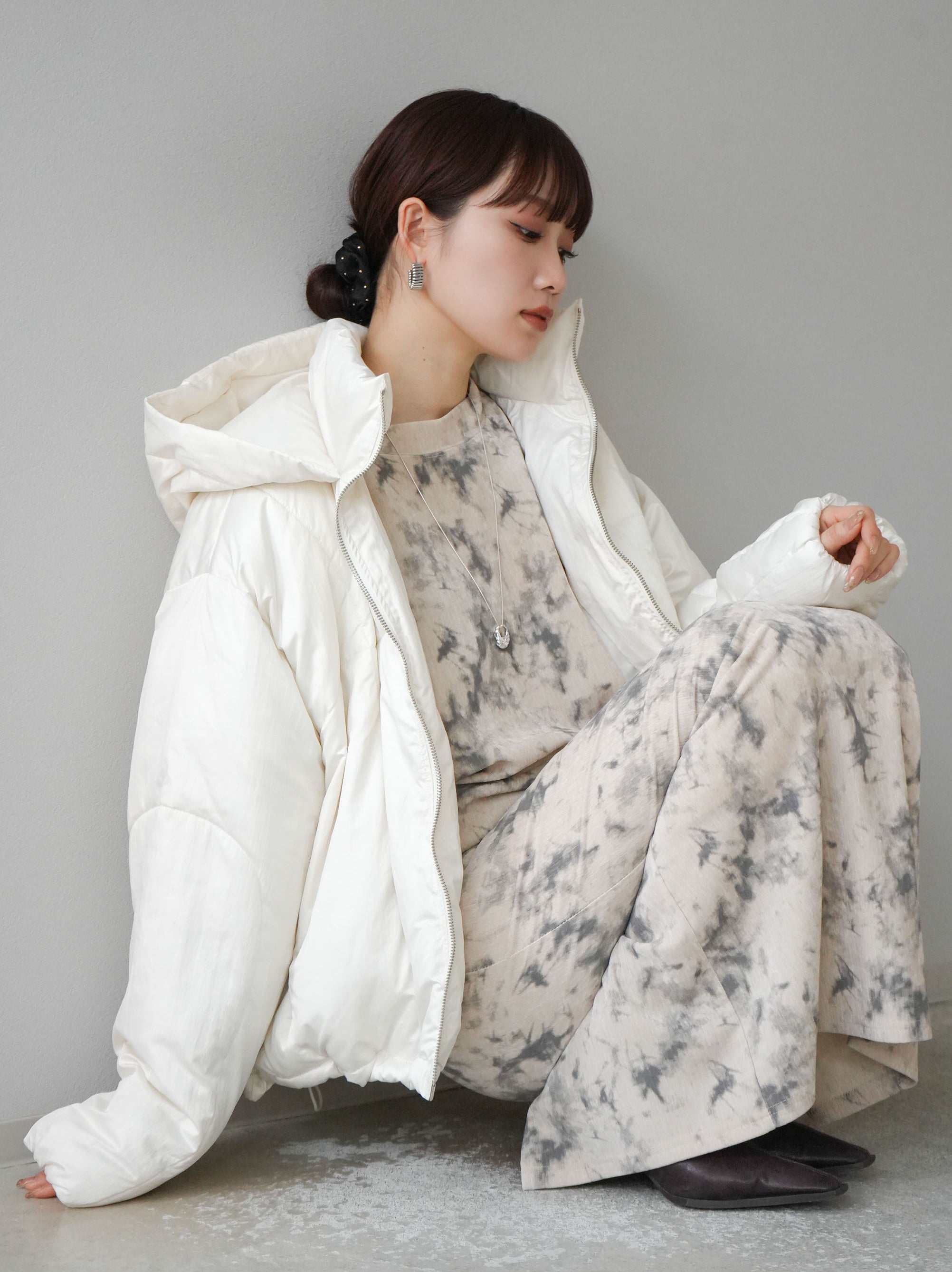 SET]ファイバーダウンシャイニージャケット+ニュアンス柄ピーチ起毛