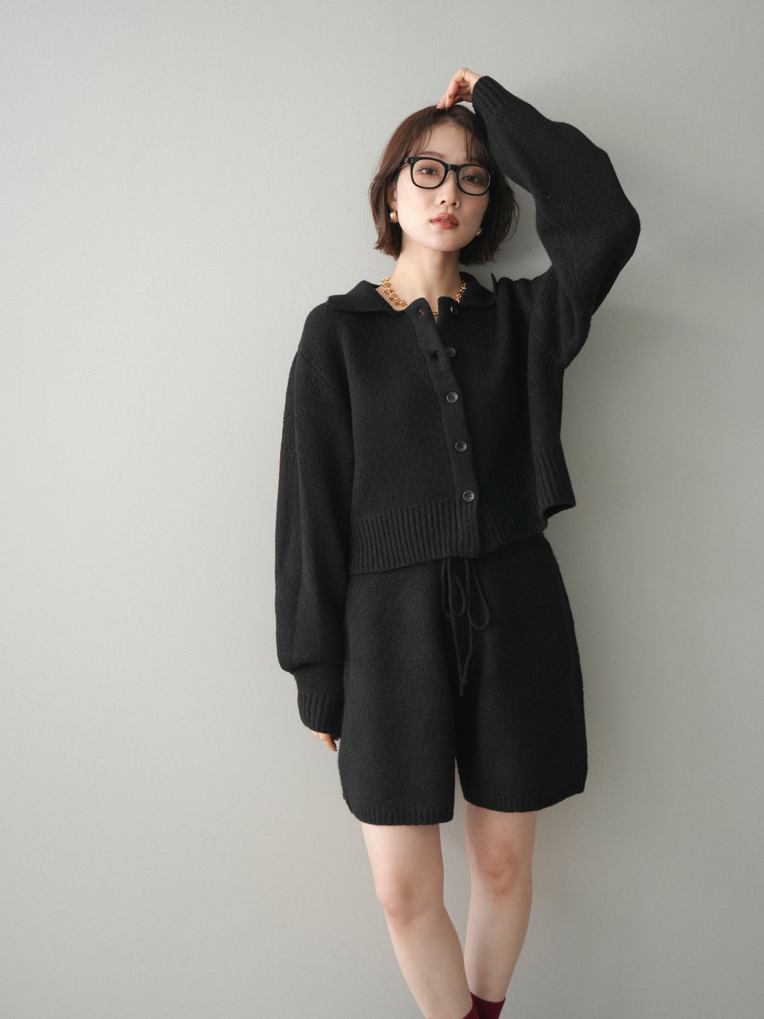 [予約]メランジニット襟付きクロップドカーディガン/black
