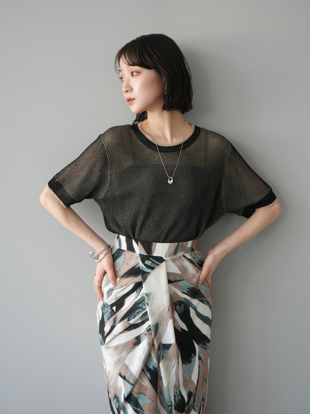 [SET]リネンタッチ配色二重臼ハーフニットトップス+選べるアソート柄スカートセット(2set)