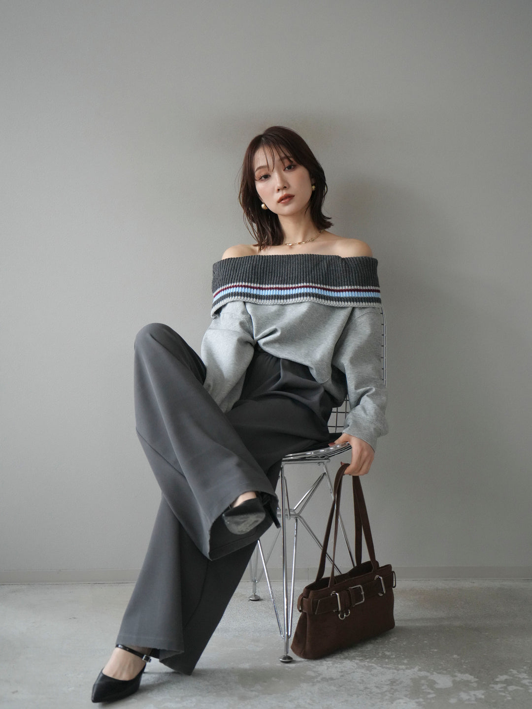 [予約]ボーダーニットオフショルダーxスウェットプルオーバー/gray