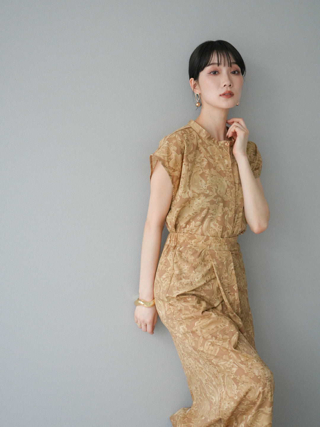 [SET]ペイズリープリントゴールドボタンブラウス+ペイズリープリントタックIラインスカート(2set)