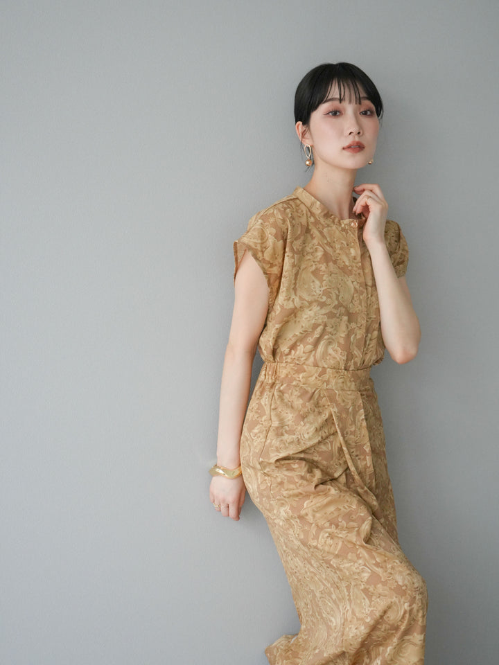 [SET]ペイズリープリントゴールドボタンブラウス+ペイズリープリントタックIラインスカート(2set)