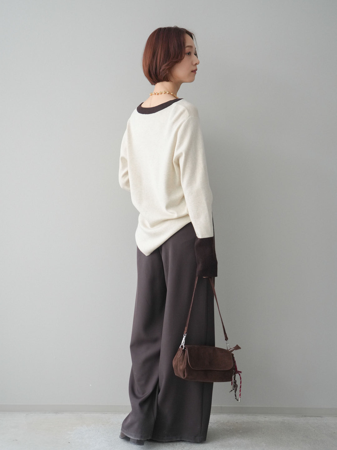 [SET]ヘンリーネック配色ニットソー+ベルトループデザインワイドパンツ(2set)