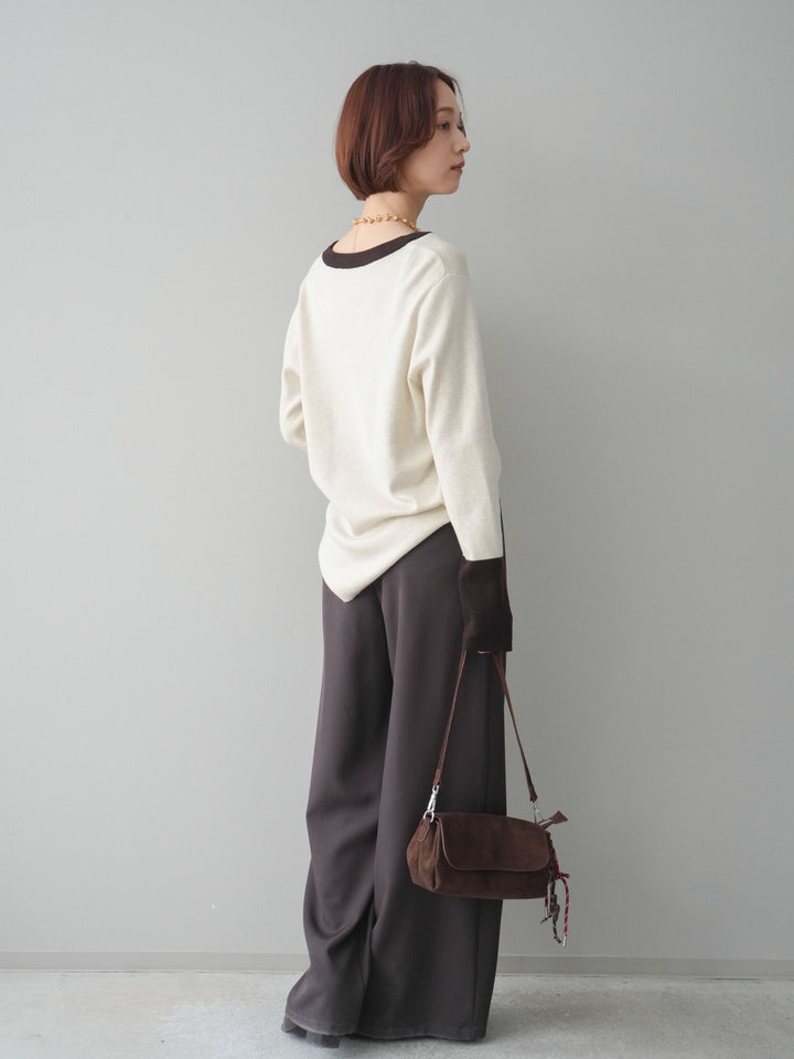 [SET]ヘンリーネック配色ニットソー+ベルトループデザインワイドパンツ(2set)