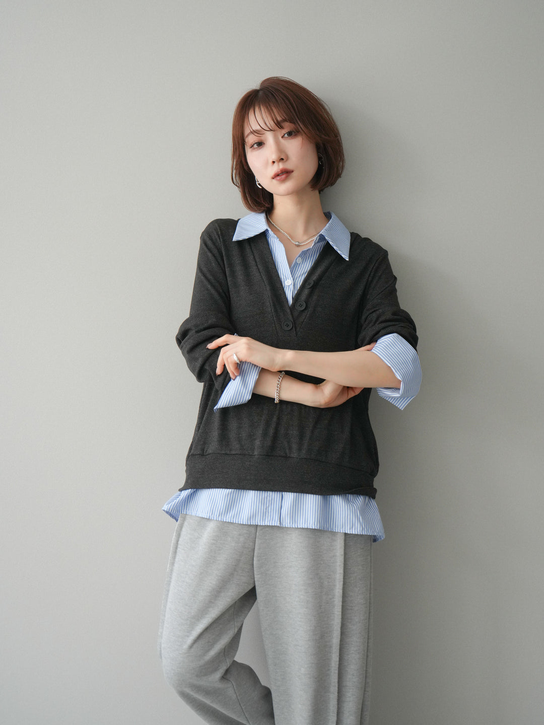 [予約]シャツレイヤードデザインカットプルオーバー/charcoal
