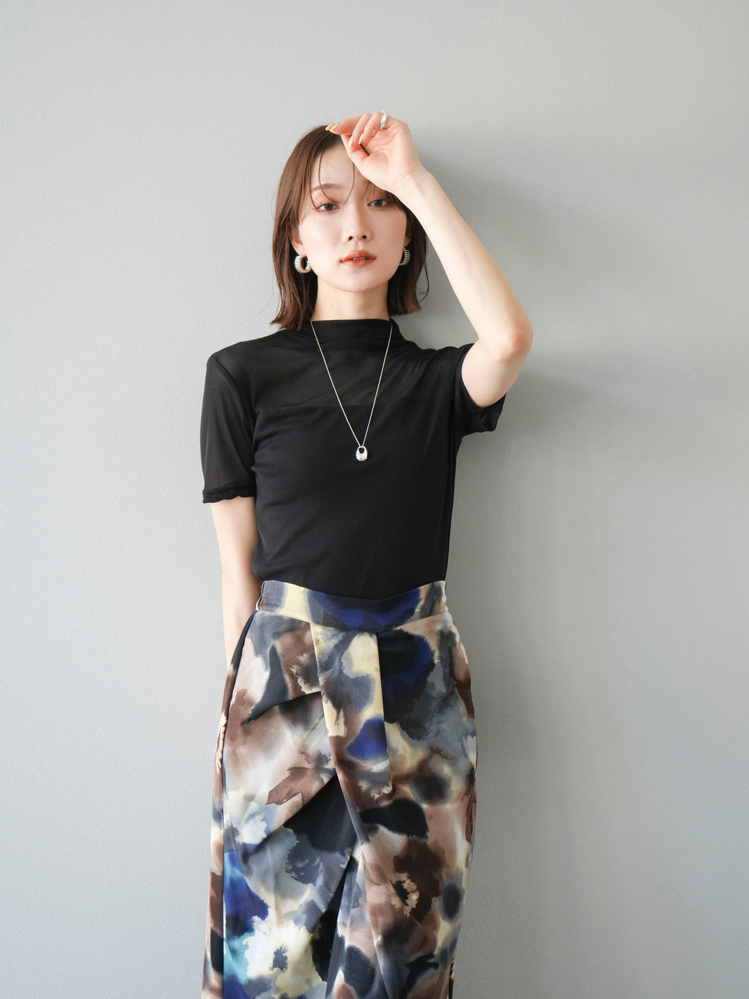 [SET] 透視半袖上衣 + 水彩印花褶襉I字裙 (2set)