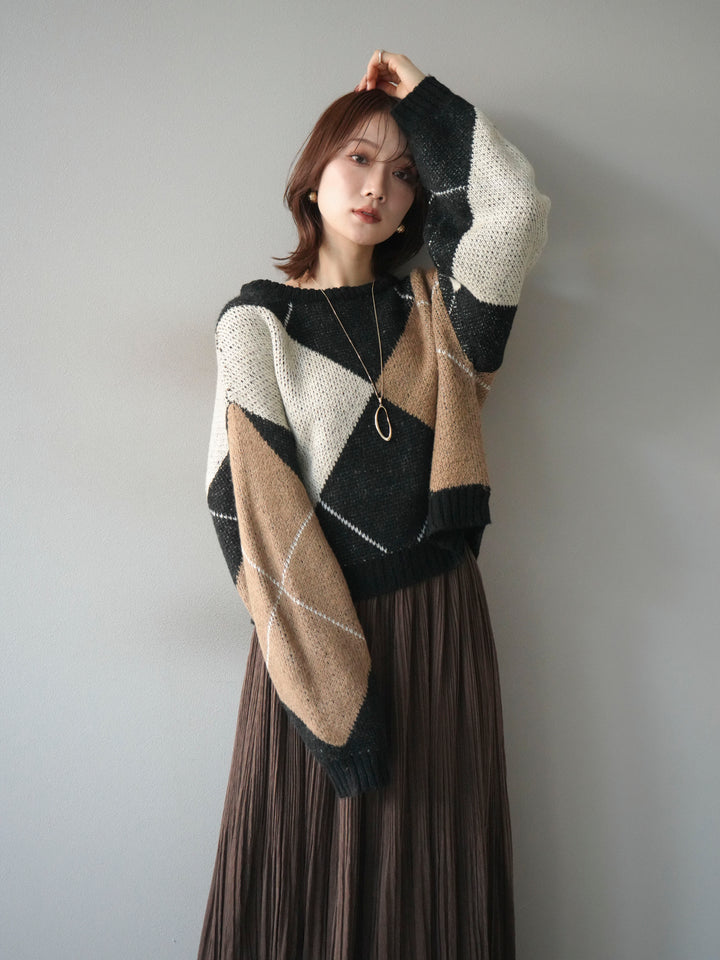 [SET]配色ステッチアーガイル柄ニットプルオーバー+選べるアクセセット(2set)