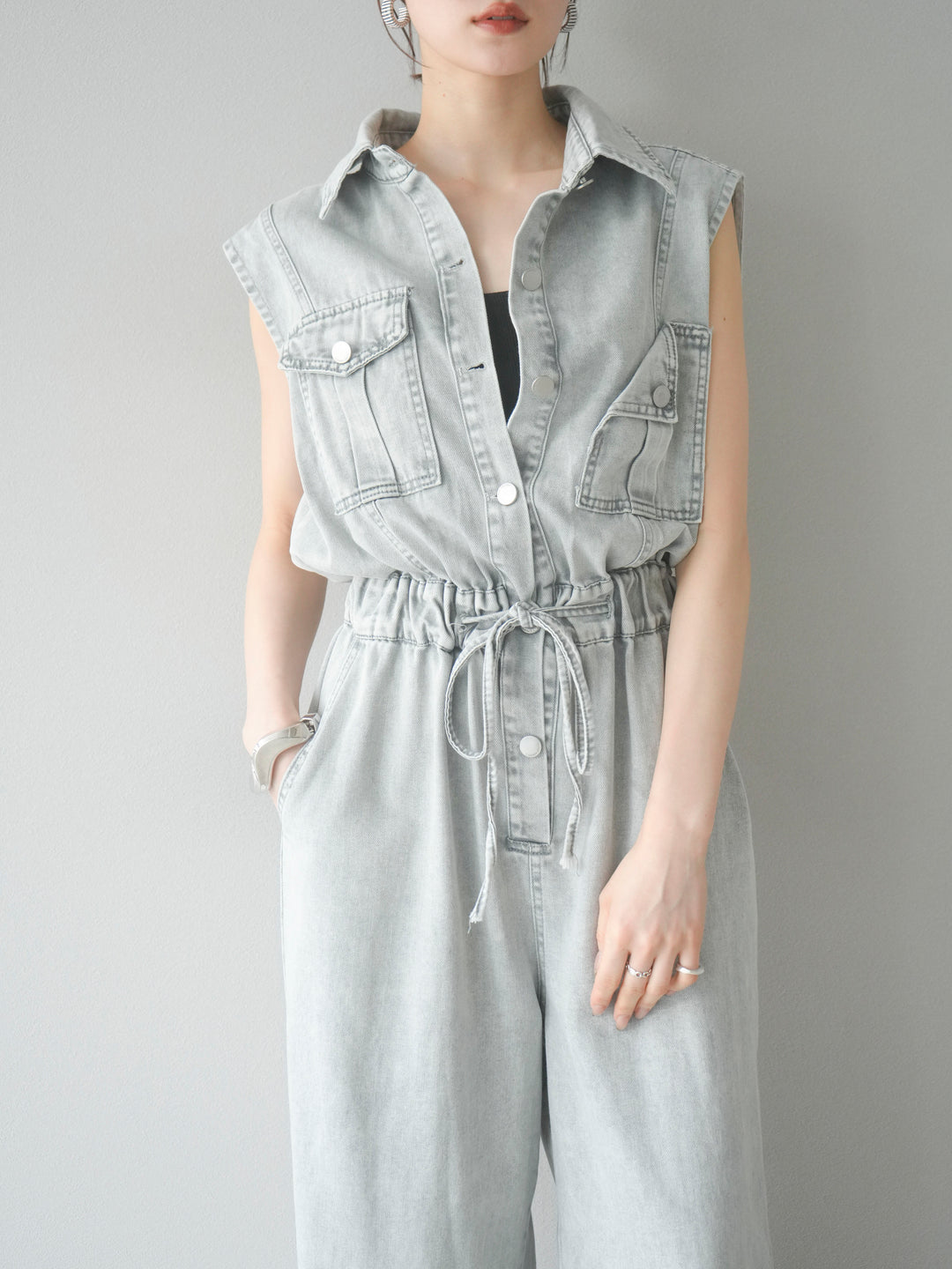 [予約]ポケットデザインデニムオールインワン/グレー