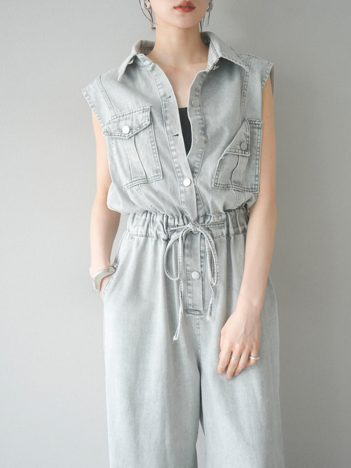[予約]ポケットデザインデニムオールインワン/グレー