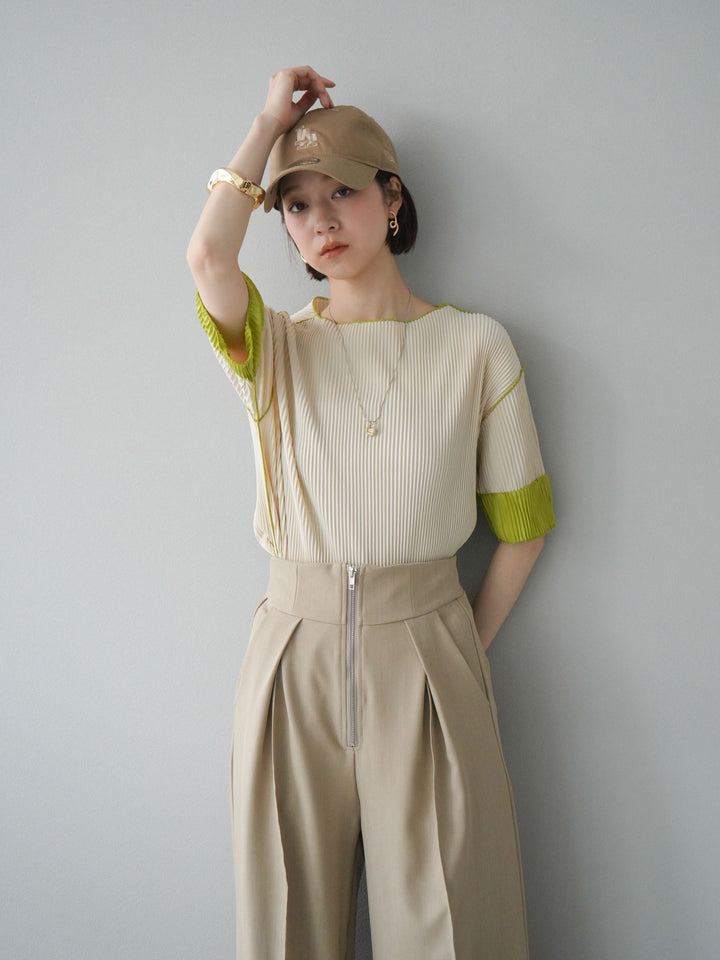 [予約]配色プリーツハーフスリーブトップス/アイボリー