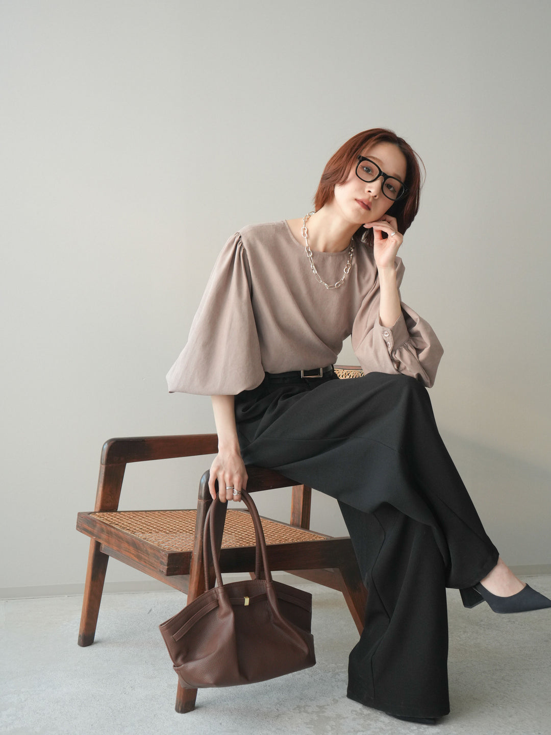 [予約]2WAYピーチスキンボリュームスリーブブラウス/mocha