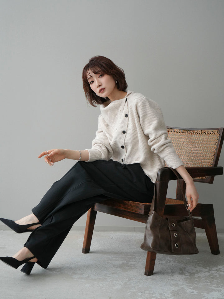 [SET]ハイネックデザインボタンニットカーディガン+コットンツイルカーブパンツ(2set)