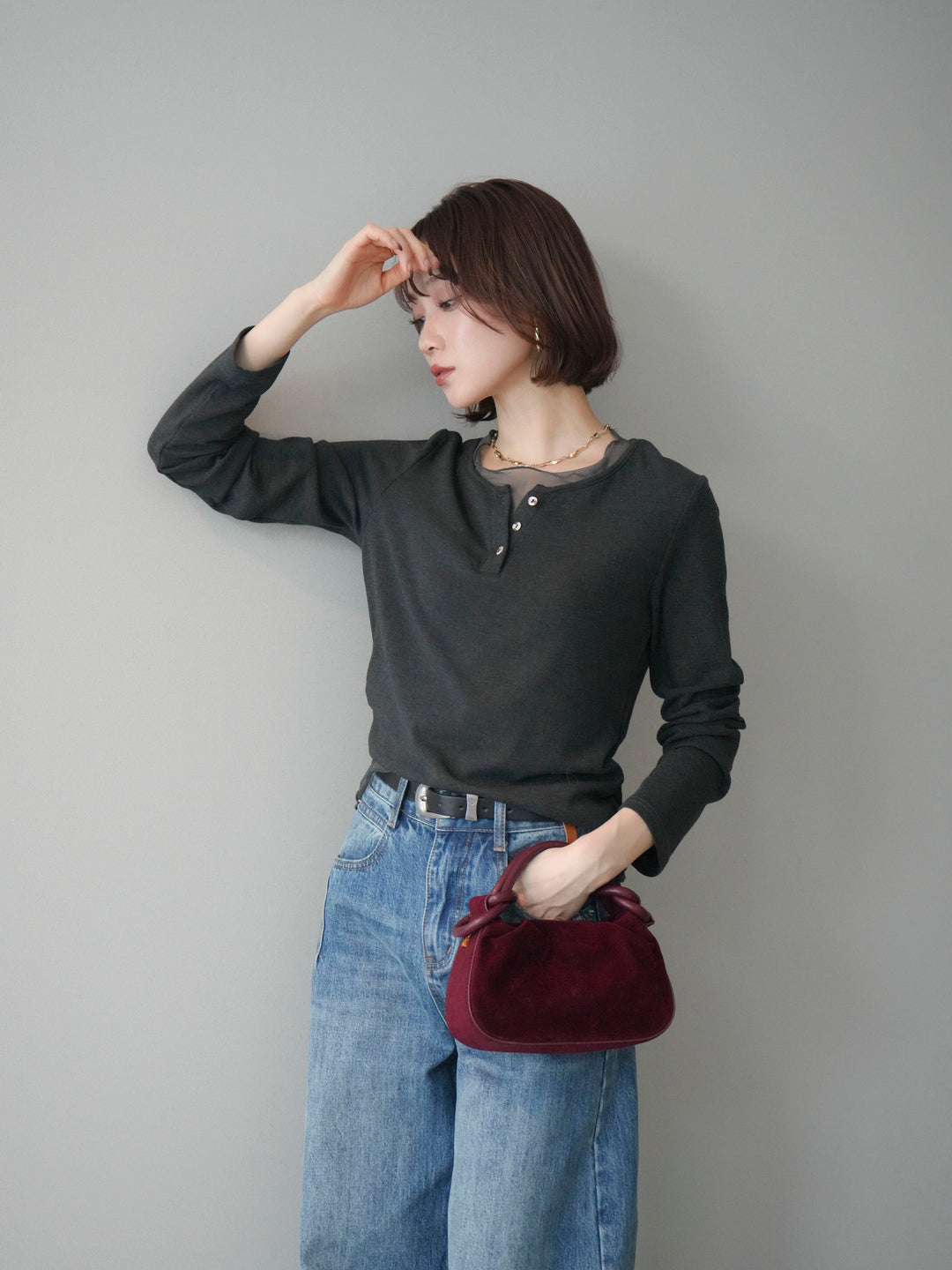 [予約]チュールレイヤードヘンリーネックカットソー/charcoal