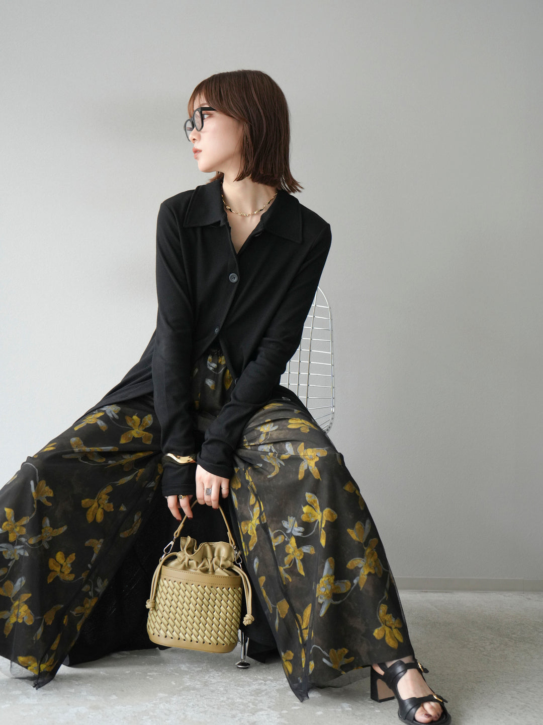 [SET]襟付きカットリブボタンワンピース+フラワープリントチュールレイヤードパンツ(2set)