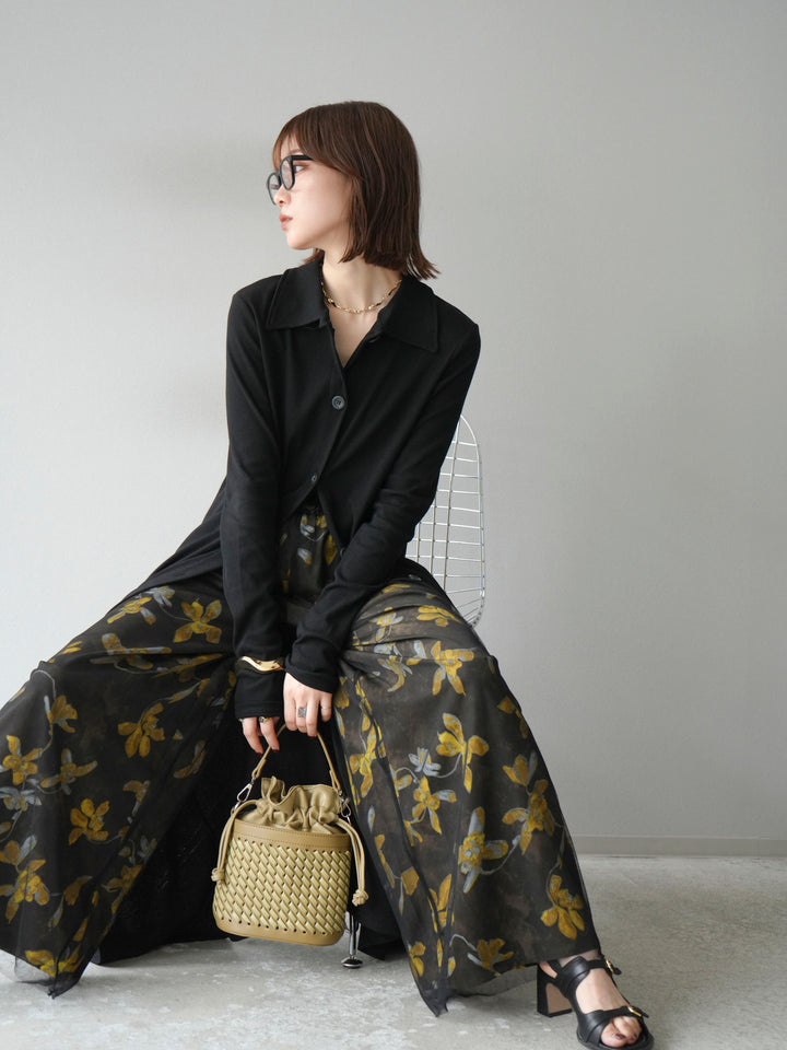 [SET]襟付きカットリブボタンワンピース+フラワープリントチュールレイヤードパンツ(2set)
