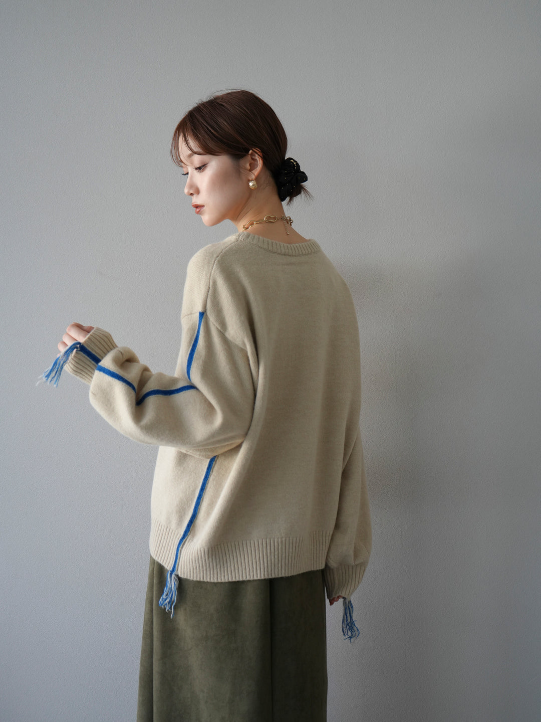 [予約]配色ステッチフリンジニットプルオーバー /アイボリー