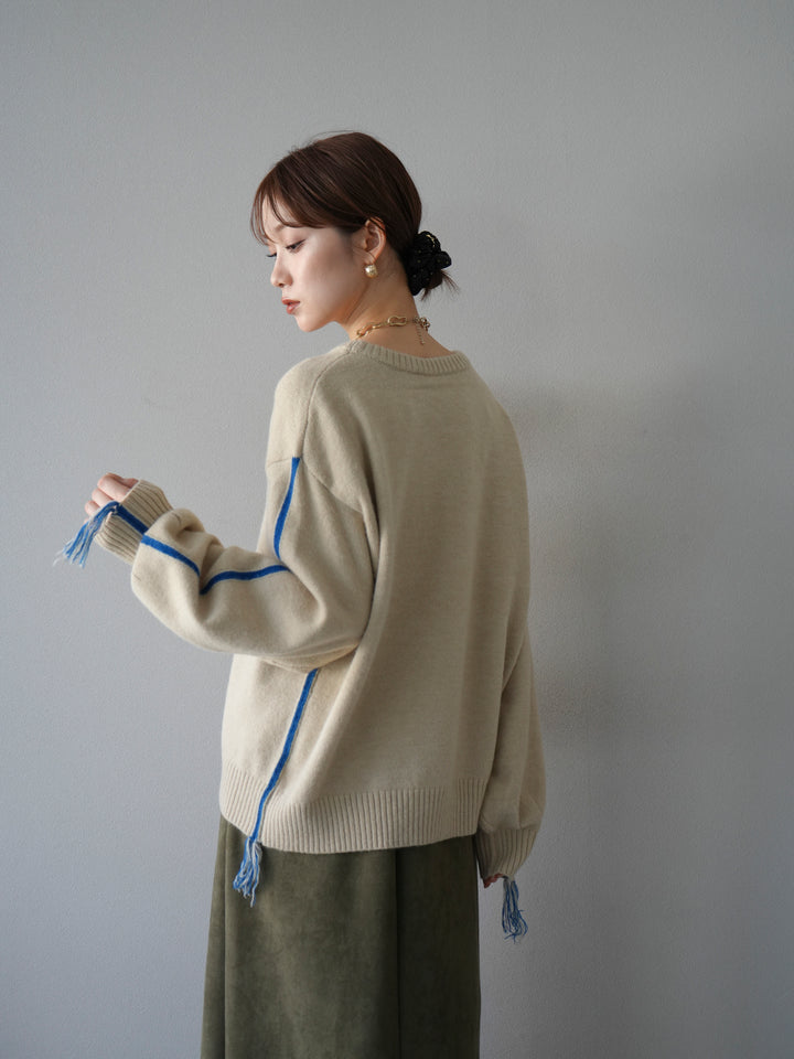 [予約]配色ステッチフリンジニットプルオーバー /アイボリー