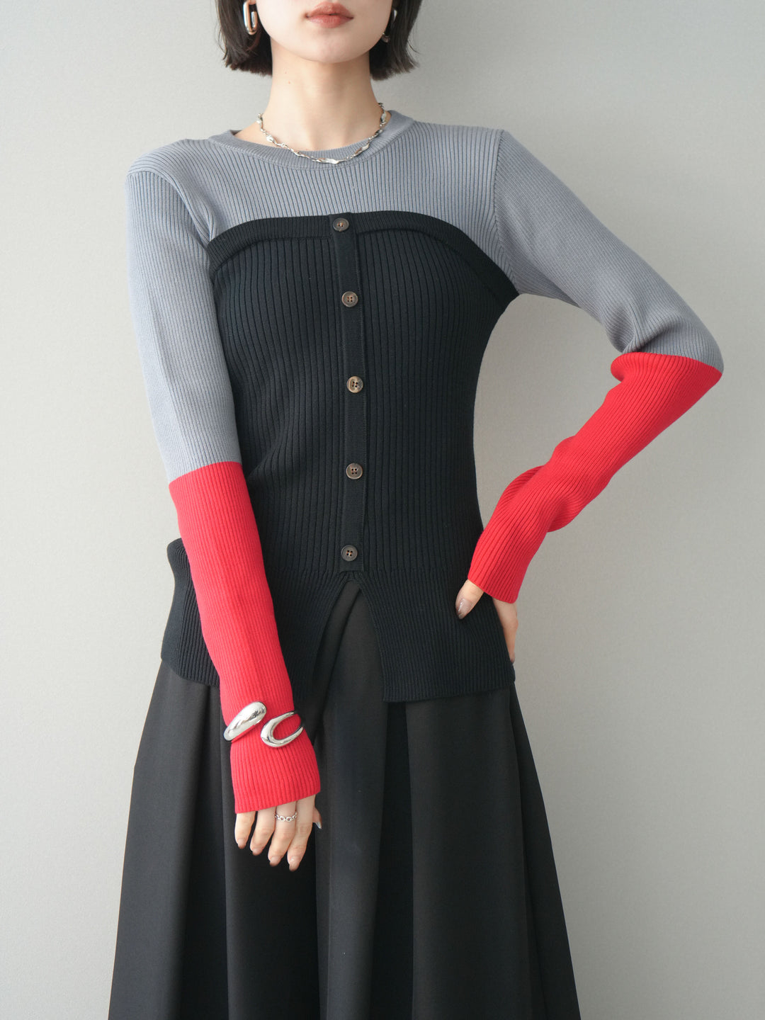 [SET]配色ビスチェドッキングリブニットトップス+選べるアクセセット(2set)