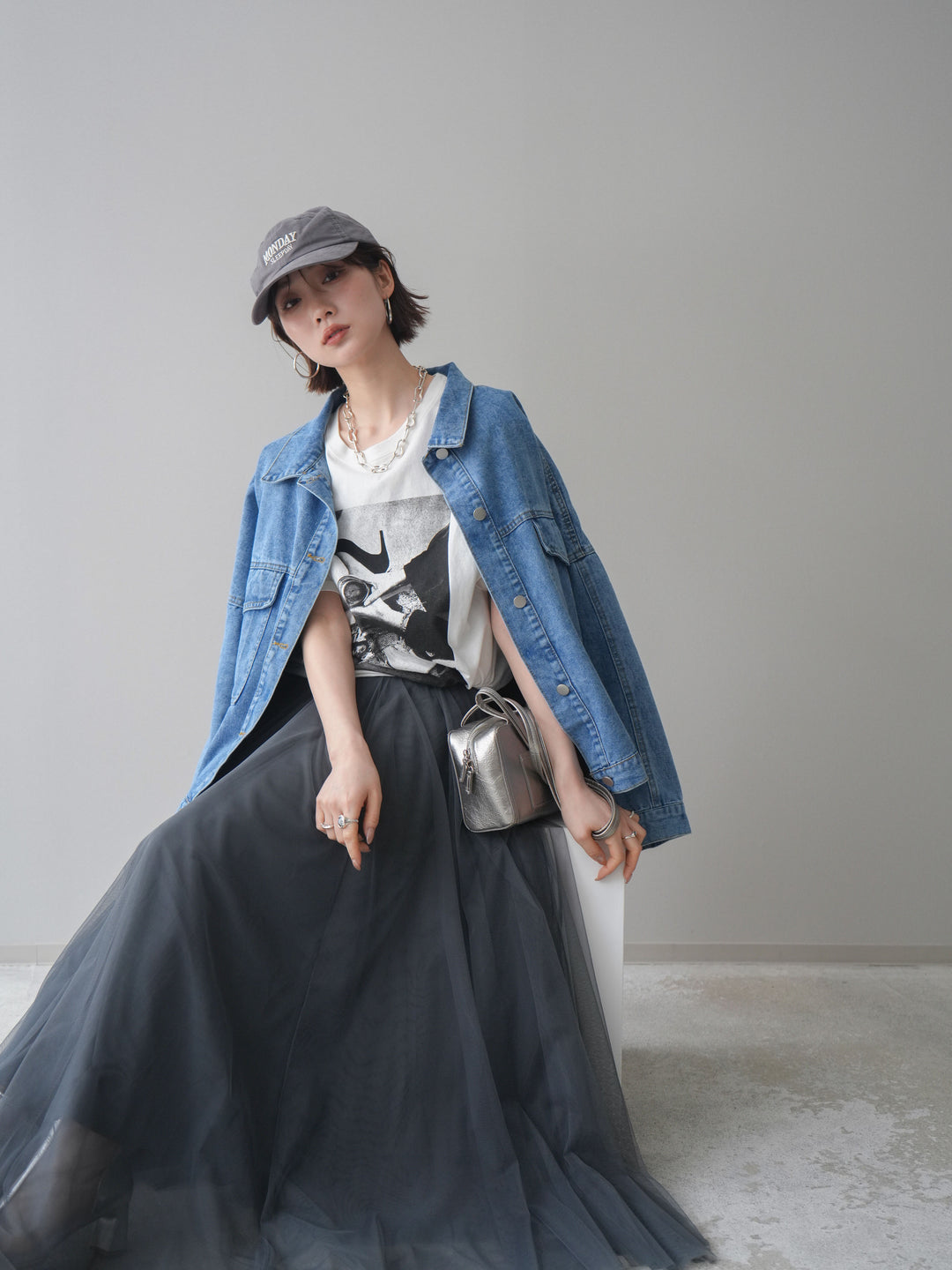 [SET]ルーズシルエットデニムジャケット+チュールボリュームスカート(2set)