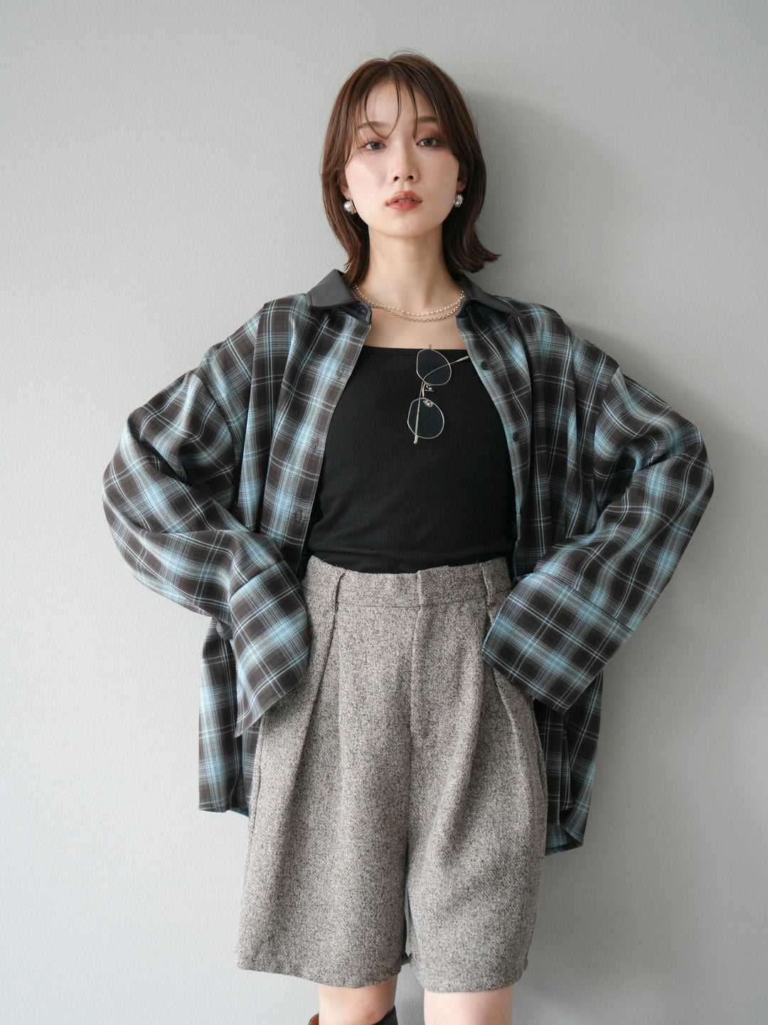 【着回しセット】[SET]レザー襟オンブレチェックオーバーシャツ +クラッシュベロアナロースカート+ツイードハーフパンツ(3set)