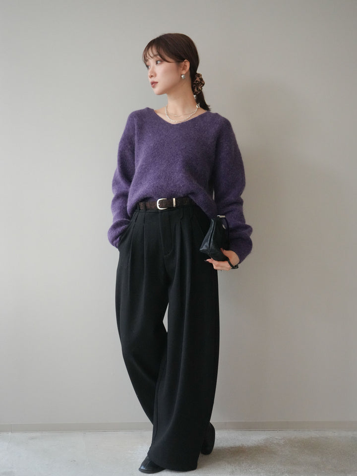 [予約]アニマル柄ベルト付きウールタッチワイドパンツ/black