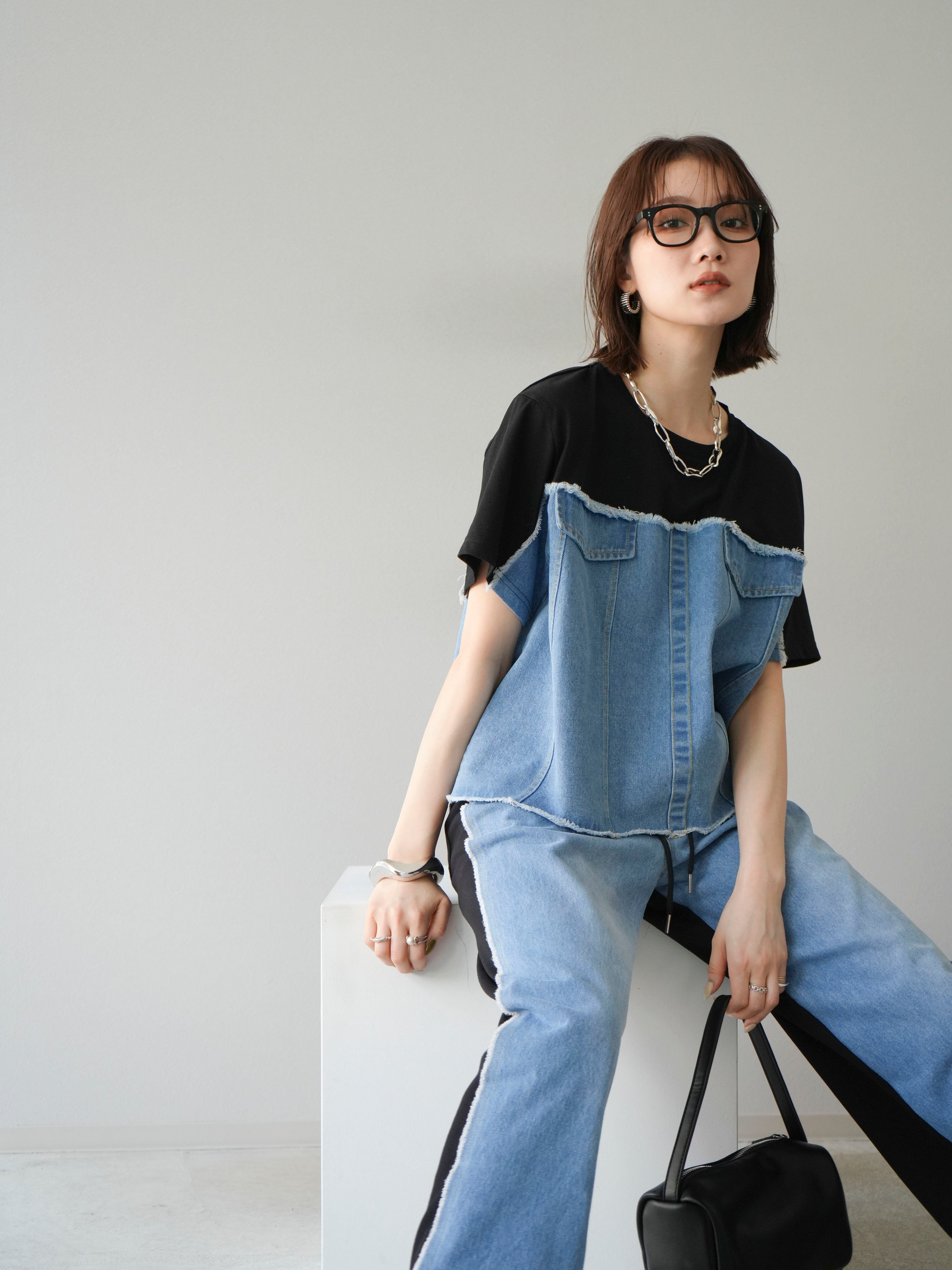 SET]デニムドッキングTシャツ+デニムドッキングスウェットパンツ(2set