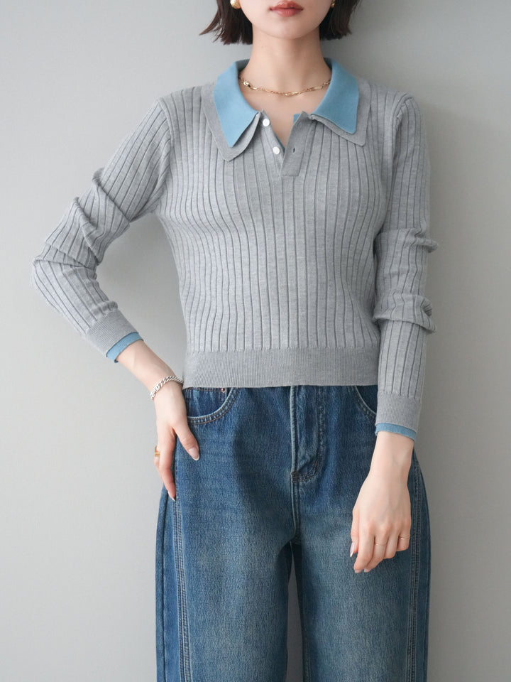 [予約]ダブル襟ポロリブニットトップス/gray