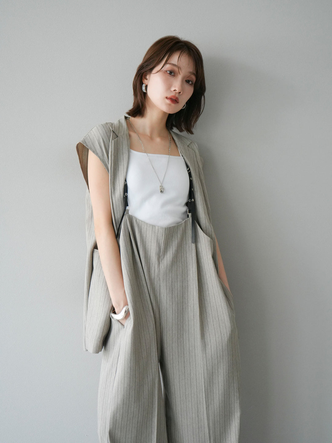 【着回しセット】[SET]ヘリンボーンストライプジレ+シアー切替ベロアトップス+ヘリンボーンストライプサロペット(3set)