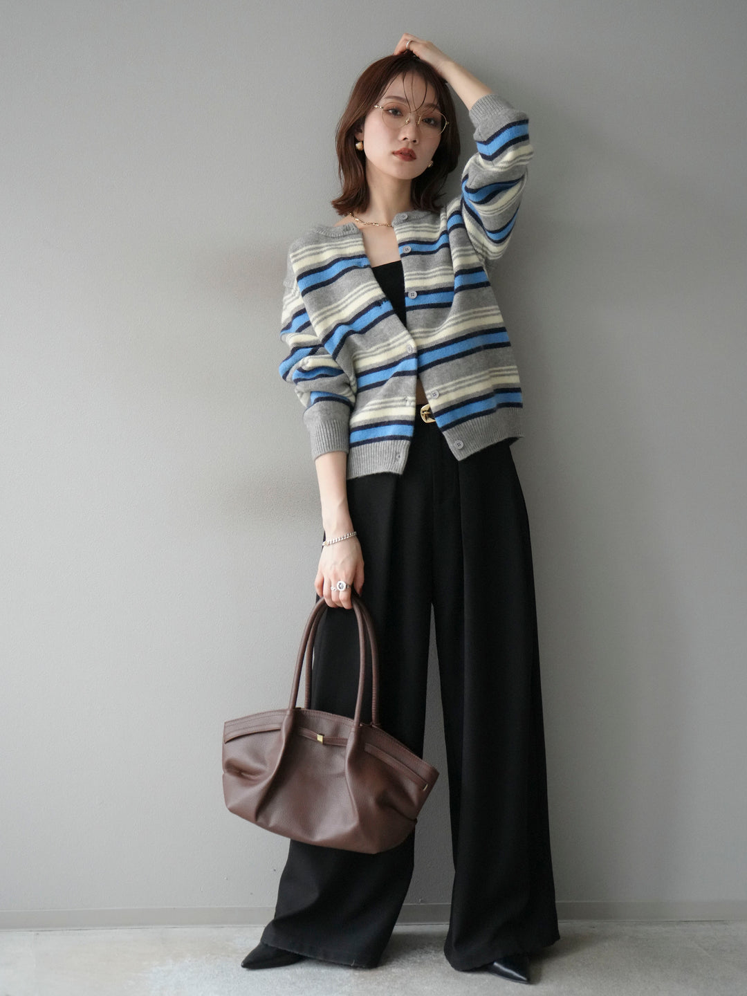 [SET]マルチボーダーニットカーディガン+ベルトループデザインワイドパンツ(2set)