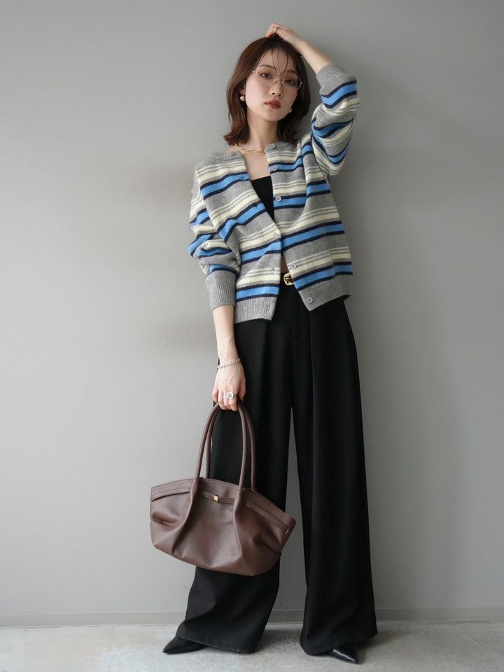 [SET]マルチボーダーニットカーディガン+ベルトループデザインワイドパンツ(2set)