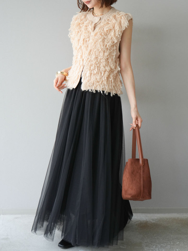 [SET] 前開衩針織背心 + 薄紗蓬鬆裙 (2 件套)