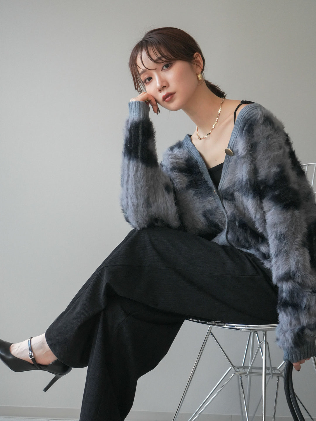 [SET]ニュアンス柄シャギーニットカーディガン+コーデュロイ巻きベルト付きパンツ(2set)