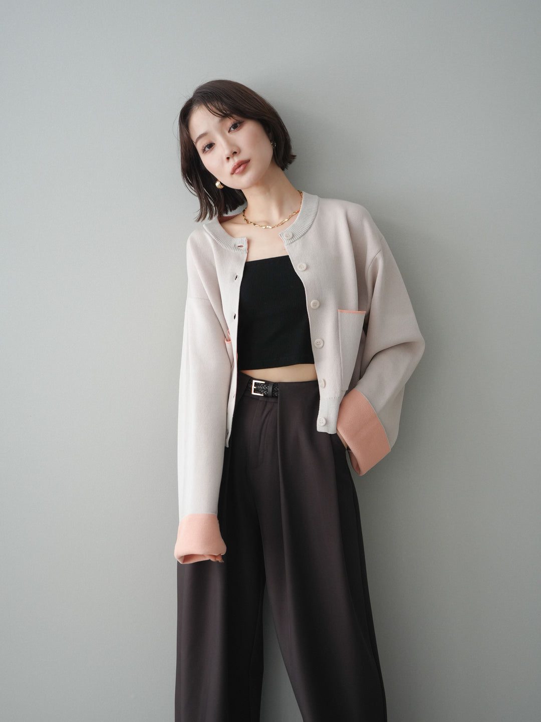 [SET]レーヨンポリダブルフェイスニットカーディガン+ベルトループデザインワイドパンツ(2set)