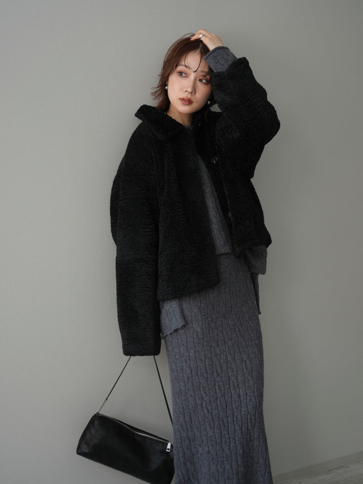 [SET]エコファーステンカラージャケット+ストール付ケーブルニットプルオーバー&ロングスカートSET UP(2set)
