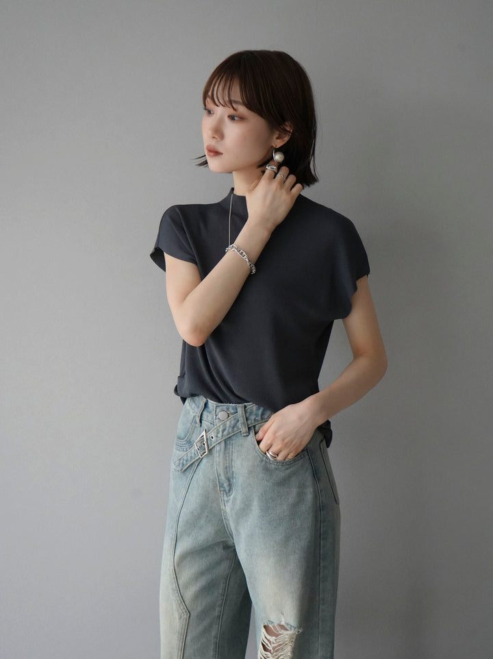 [Pre-order] Petite Neck Side Shirring Summer Knit Top/Gray