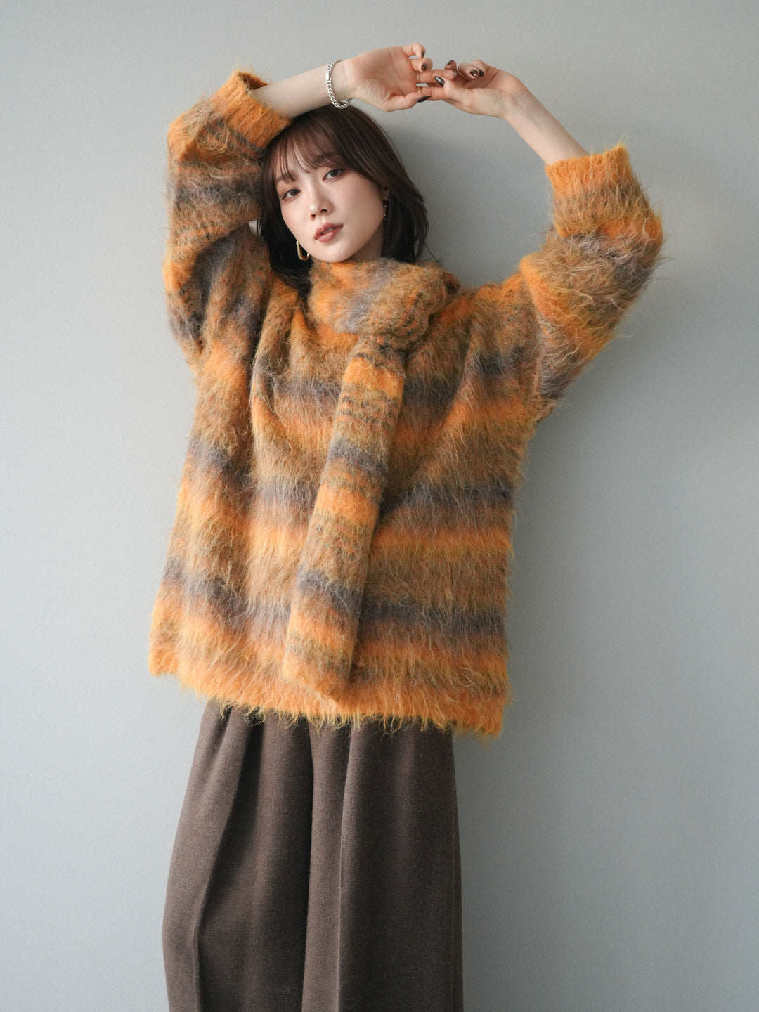 [予約]ストール付シャギーマルチボーダーニットプルオーバー/yellow