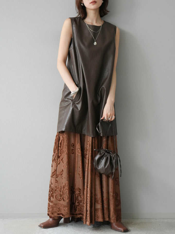[予約]アンティーク柄フロッキーマキシスカート/ブラウン