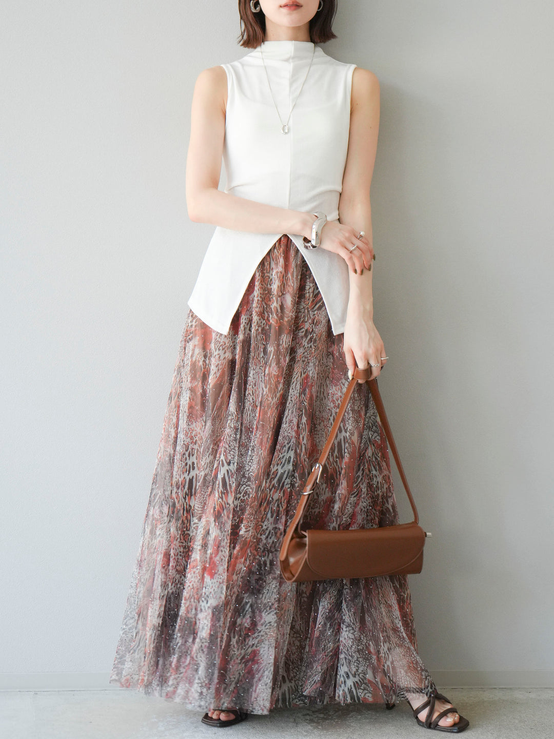 [予約]ニュアンス柄チュールレイヤードプリーツスカート/ブラウン