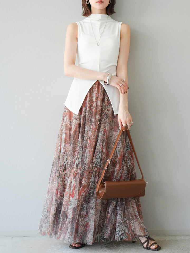 [予約]ニュアンス柄チュールレイヤードプリーツスカート/ブラウン