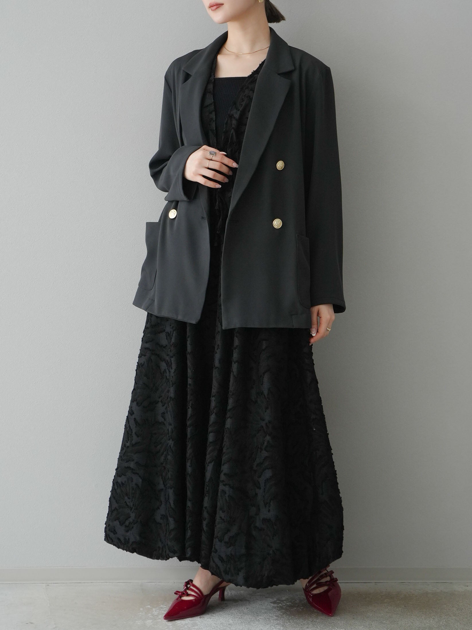 予約]ゴールドボタンダブルテーラードジャケット/チャコール