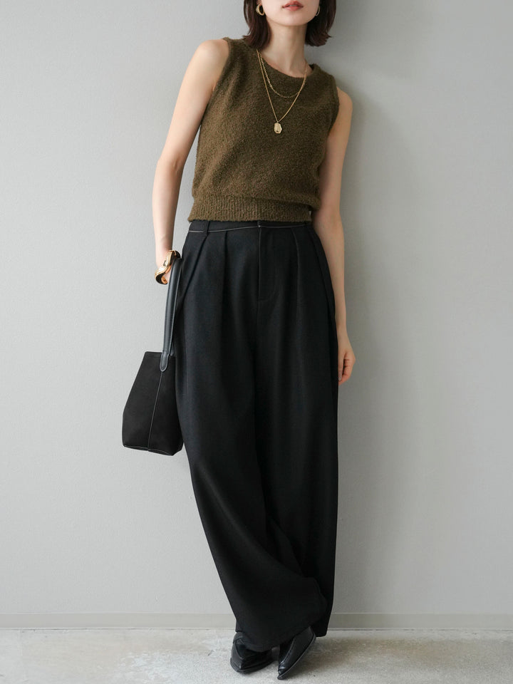 [予約]レザーパイピングタックワイドパンツ/ブラック